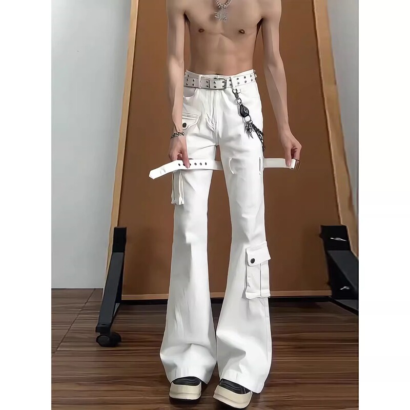 White Flared Workwear Jeans for Men, Summer Thin Style, Unique Lace-Up Design, Slim Straight-Leg Scimitar Pants