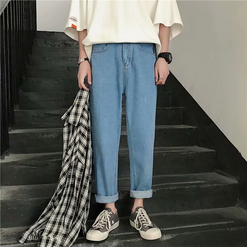 Simple summer Japanese straight wide pants jeans male youth tide brand blue loose denim nine-point pants
