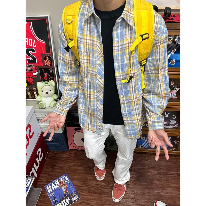 Vintage Yellow-Blue Brushed Plaid Shirt for Men, High-End Long-Sleeved Shirt, American Retro Couple Thin Jacket Vintage Yellow-Blue Brushed Plaid Shirt for Men, High-End Long-Sleeved Shirt, American Retro Couple Thin Jacket