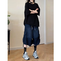 Blue Workwear Denim Capri Pants for Men and Women, Summer Thin Style with Ribbon Pleats, Paratrooper Pants, American High Street Straight-Leg Mid-Length Pants