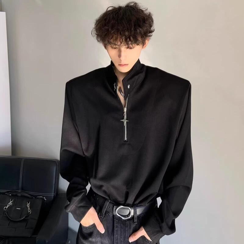Half-Zip Turtleneck Sweatshirt for Men, Winter Layering with a Coat, High-End Shoulder Pad Long-Sleeve T-Shirt, Slimming Base Layer