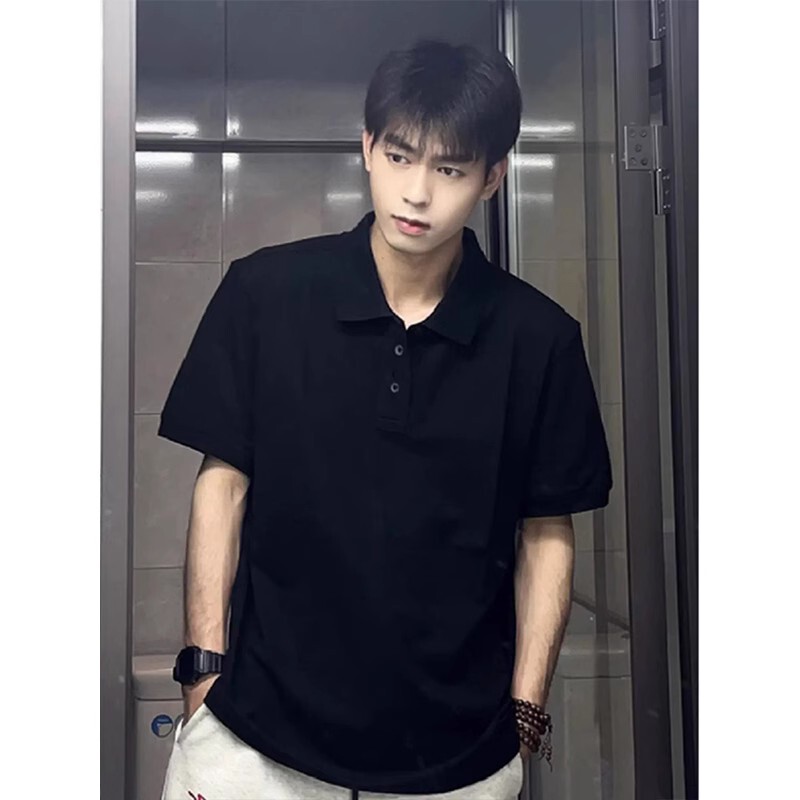 Pure Black Short-Sleeved Polo Shirt for Men, Summer High-End Style, Cool and Handsome, Turn-Down Collar T-Shirt, American Style, Heavy Weight, Regular Shoulder, Five-Quarter Sleeves