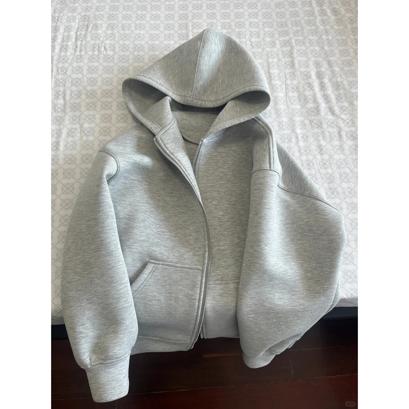 Cleanfit Light Gray Sweatshirt Men's Autum American Style Heavy Cardigan Jacket Retro Boxy Short Wide Hoodie