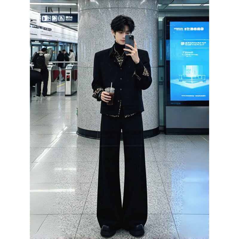 Black Leopard Print Patchwork Faux Two-Piece Long-Sleeve Shirt Set for Men, Cool and Stylish Outfit with a Set of Drapey Flared Trousers