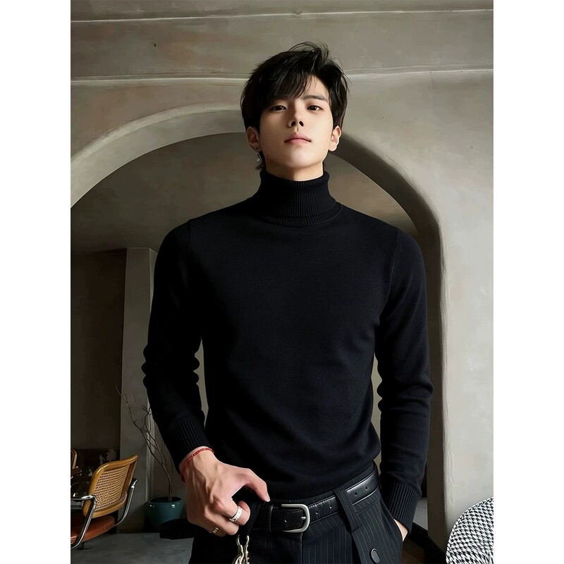 Cleanfit Black Turtleneck Sweater Men's Winter Slim-Fit Knitted Base Layer Shirt Youthful Style Fleece-Lined Inner Top Cleanfit Black Turtleneck Sweater Men's Winter Slim-Fit Knitted Base Layer Shirt Youthful Style Fleece-Lined Inner Top