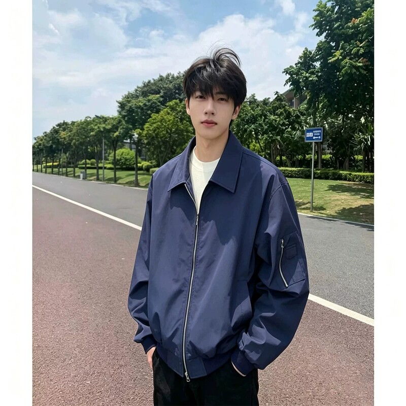 Cleanfit Navy Blue Bomber Jacket Men's Autumn Coat High-End Stylish American-Style Short Baseball Jacket Cleanfit Navy Blue Bomber Jacket Men's Autumn Coat High-End Stylish American-Style Short Baseball Jacket
