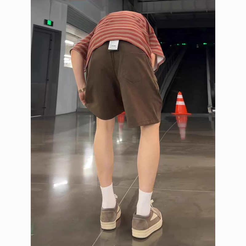 Brown Pleated Cargo Shorts for Men, Summer American Retro Design, Loose Casual Knee-Length Shorts