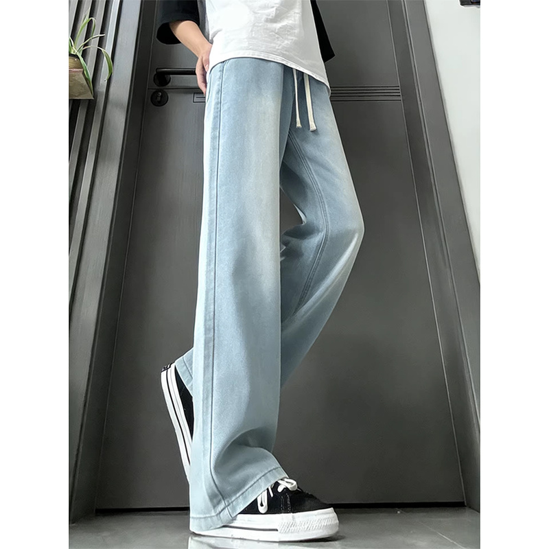 Light Blue Lyocell Ice Silk Jeans for Men, Summer Thin Breathable Pants, Cleanfit Drawstring Straight-Leg Pants