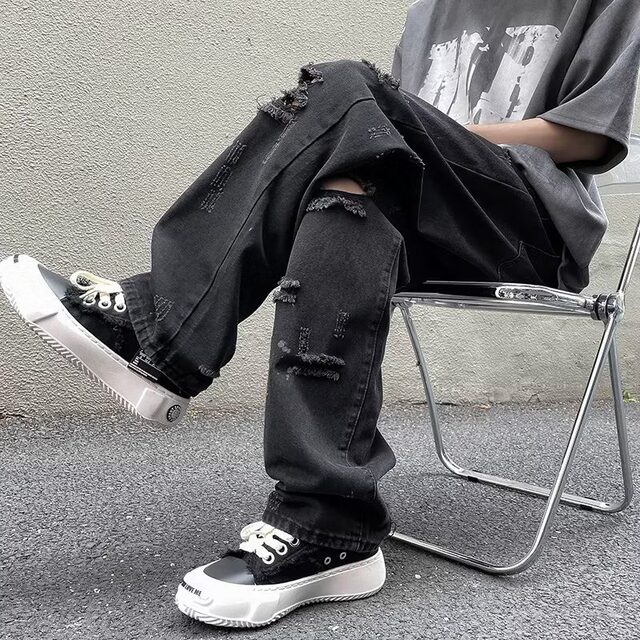 Ripped raw edge jeans men's summer thin in high street slim straight pants trendy brand trendy high waist casual pants