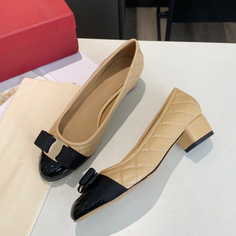 F Brand Round-Toe Women's Shoes with Bow, Diamond Pattern, Chunky Heel, Genuine Leather Women's Shoes, Color-Blocked Sheepskin Shallow Flat Ballet Shoes