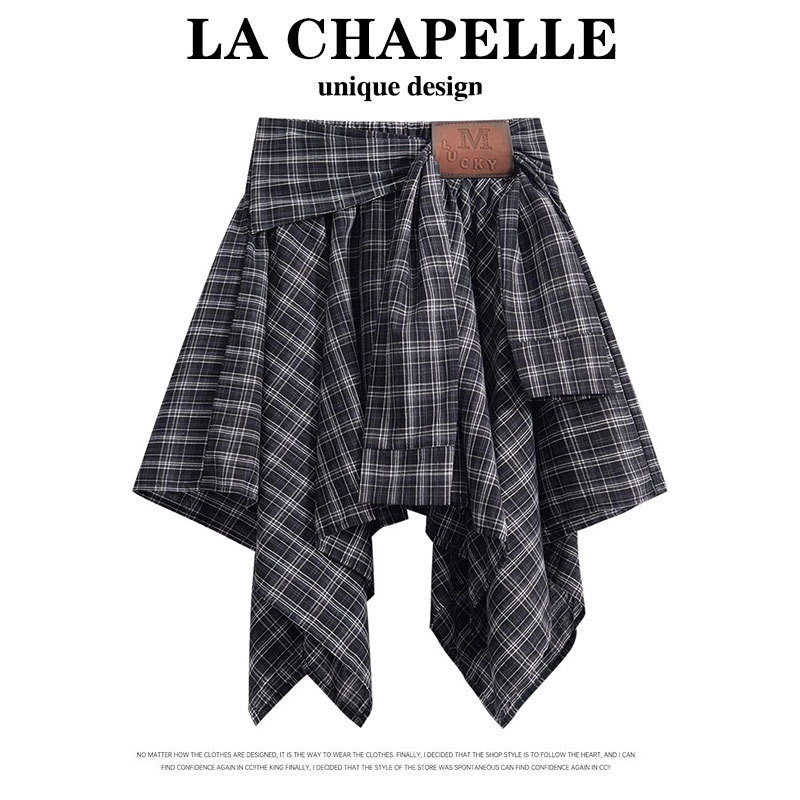 La Chapelle American Retro Plaid Irregular Skirt for Women, Summer High-Waisted A-Line Short Skirt, Versatile Plaid Skirt