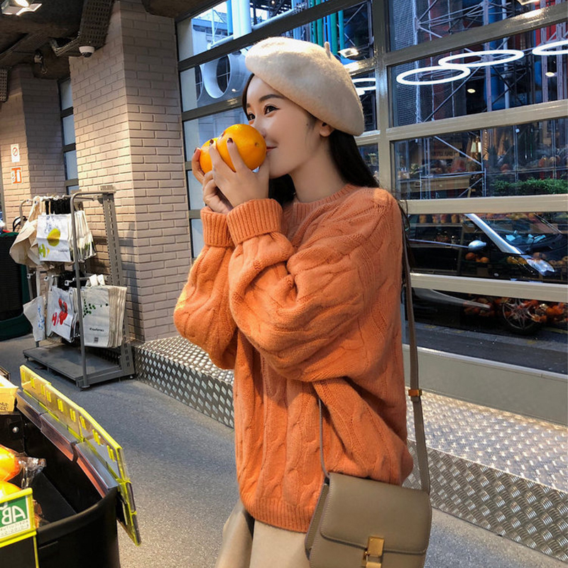 Soft and Gentle Autumn and Winter Orange Round-Neck Mohair Loose Pullover Sweater for Women, Lazy Style, Thickened for Outer Wear