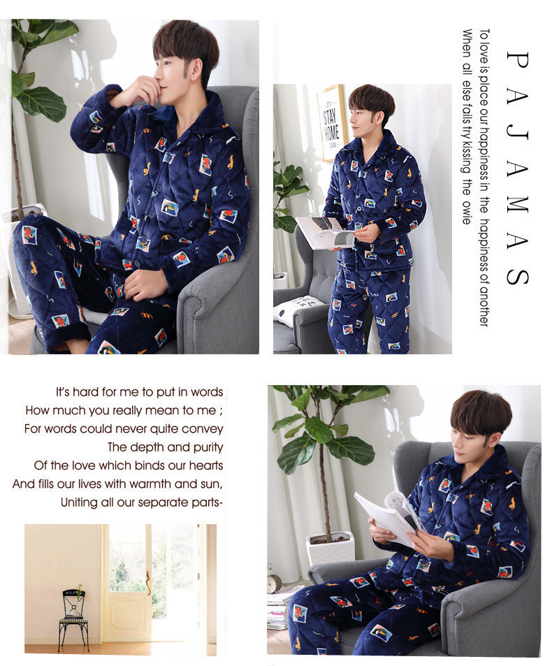 Mùa đông ba lớp dày san hô lông cừu quilted đồ ngủ nam flannel áo khoác XL dài tay phù hợp với dịch vụ nhà bộ đồ mặc nhà