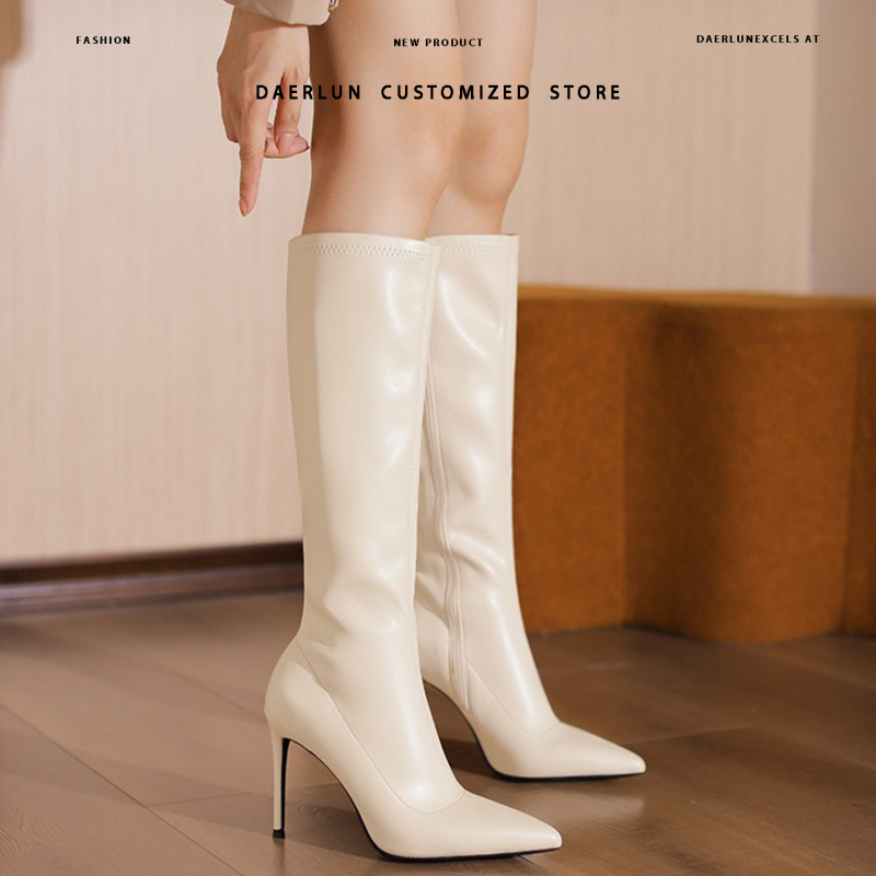 White High-Heeled Long Boots for Women 2025 Pointed Toe Stiletto Riding Boots Over-The-Knee Elastic Slim Boots Genuine Leather High Boots White High-Heeled Long Boots for Women 2025 Pointed Toe Stiletto Riding Boots Over-The-Knee Elastic Slim Boots Genuine Leather High Boots