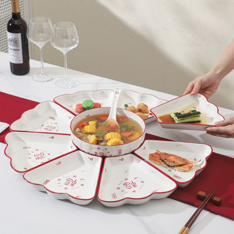 Reunion Platter Tableware Set for Home Use, Ceramic Dish Plates for New Year's Eve Dinner, Round Table Fan-Shaped Creative Dinner Plate Set