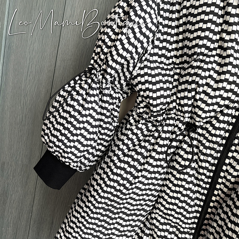 товар из китая leomami高端孕妇装冬季外套抽象黑白点中长款加厚保暖宽松羽绒服