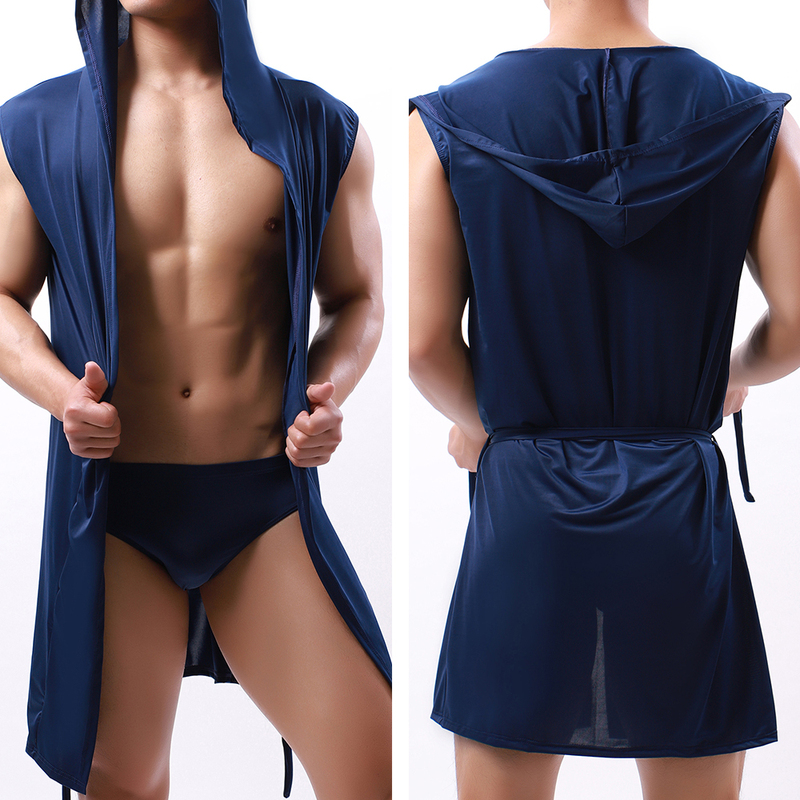  European Version Men's Bathrobe Ice Silk Milk Silk Smooth Men's Hooded Sleeveless Thin Nightgown with Underwear Set