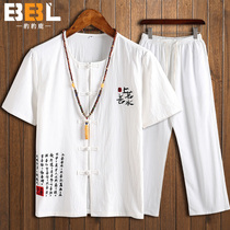 China Wind Youth Short Sleeve Shirt Suit Mens Summer Tang Dress Hanfu Ancient Clothes Casual Long Pants Cotton Linen Two Sets