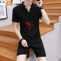 Summer Chinese wind short sleeve suit Mens Han suit retro Chinese style disc buckle upright collar Tang fit Buddhist youth cotton linen shorts