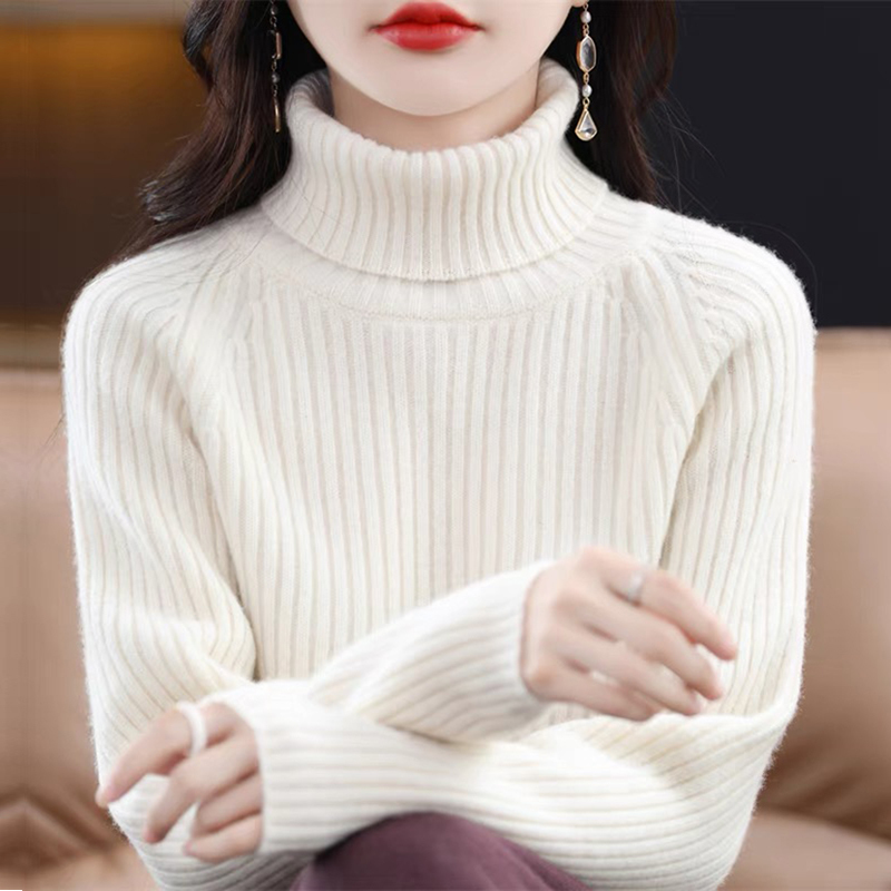 High-Neck Thickened Wool Sweater for Women, New Autumn and Winter 100% Pure Wool Pullover, Inner Layer Base Shirt, Ultra-Thick Knitwear
