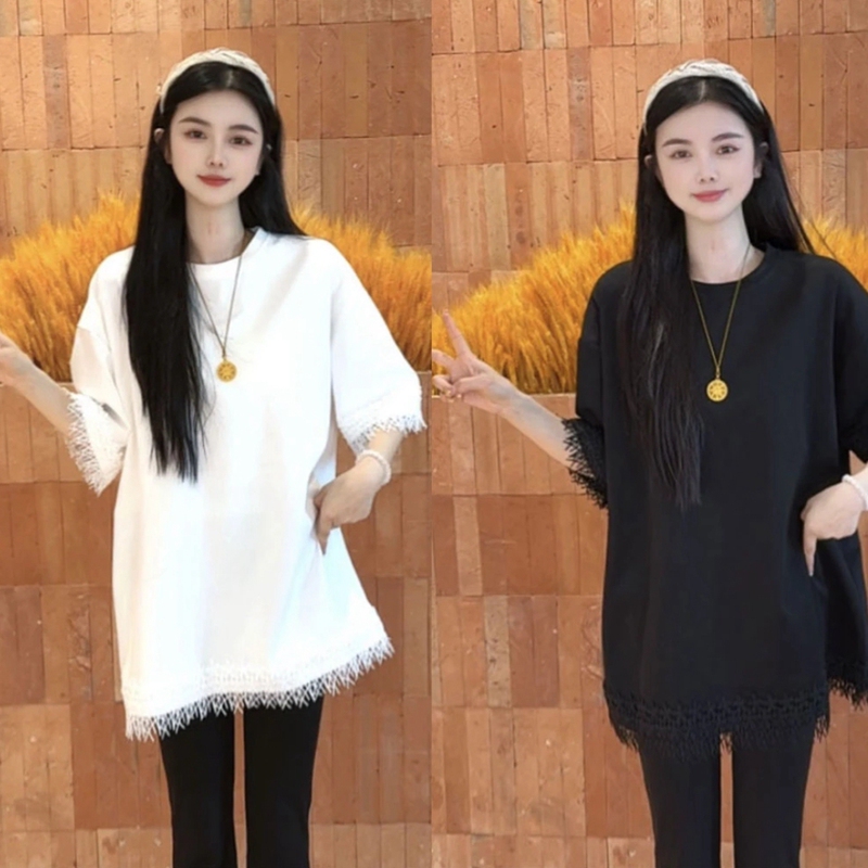Lace Splicing Mid-Length Short-Sleeved Round Neck T-Shirt for Women, Stylish, Loose and Versatile, Mid-Length Fashionable Casual Top