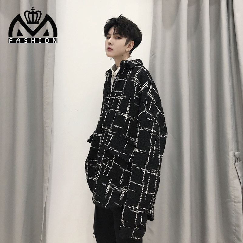 Fashion literature loose bat shirt Japanese and Korean tide men's hair coat personality Elegant dark black grid men's shirt winter