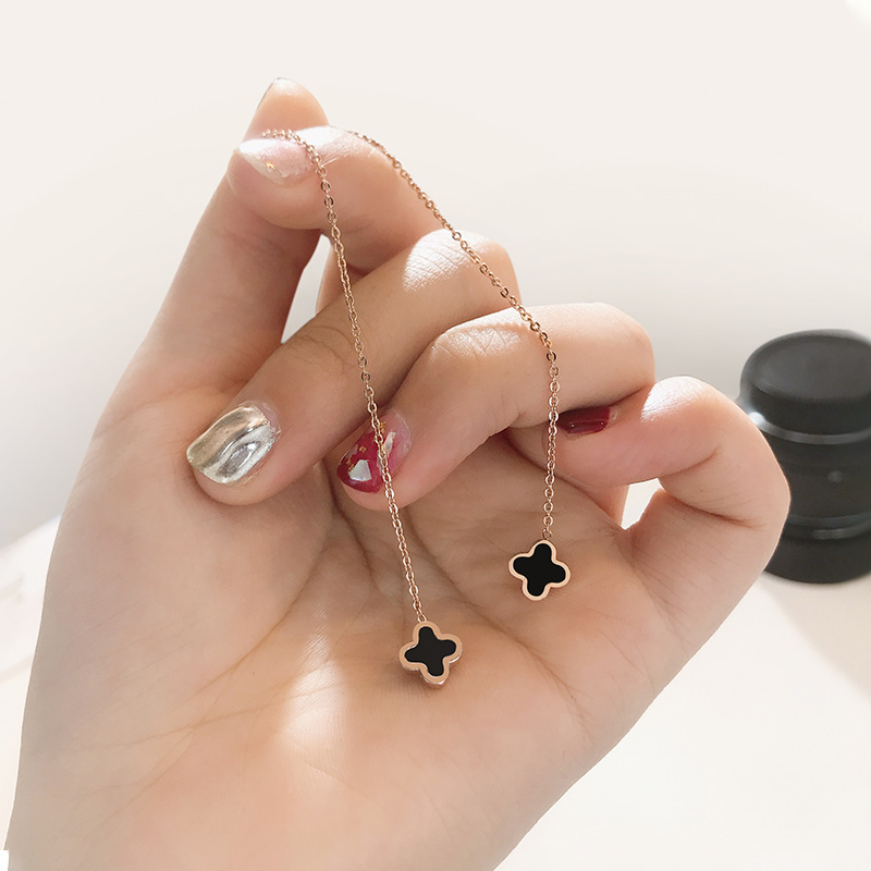 Four Leaf Grass Flow Suear 18k colour gold lukewarm wind ear pendant temperamental long version Fashion earrings titanium steel minimalist ear necklace