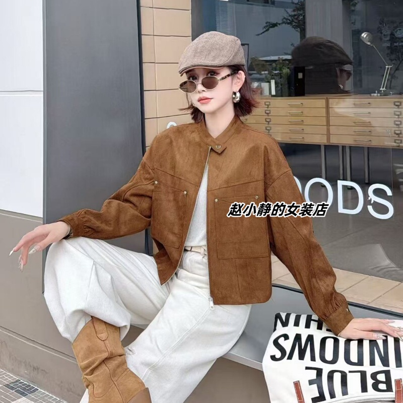 Hangzhou Yishang B2610 European Fashion Versatile Short Jacket Loose Zipper Suede Slimming Top Autumn 2026 Hangzhou Yishang B2610 European Fashion Versatile Short Jacket Loose Zipper Suede Slimming Top Autumn 2026