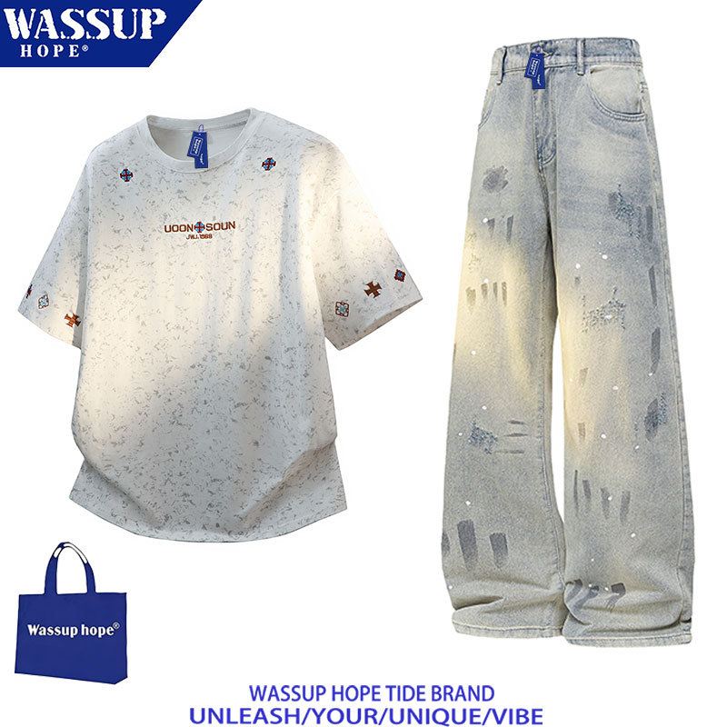 Wassup Hope American-Style Embroidered Short-Sleeved T-Shirt Suit for Men, New Summer Trendy Brand Loose Casual Two-Piece Suit Wassup Hope American-Style Embroidered Short-Sleeved T-Shirt Suit for Men, New Summer Trendy Brand Loose Casual Two-Piece Suit