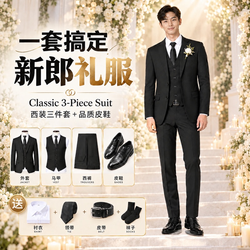 Peimeng Suit Men's Suit Wedding Groom Formal Suit Men's Suit Three-Piece Suit Young High-End Dress Peimeng Suit Men's Suit Wedding Groom Formal Suit Men's Suit Three-Piece Suit Young High-End Dress