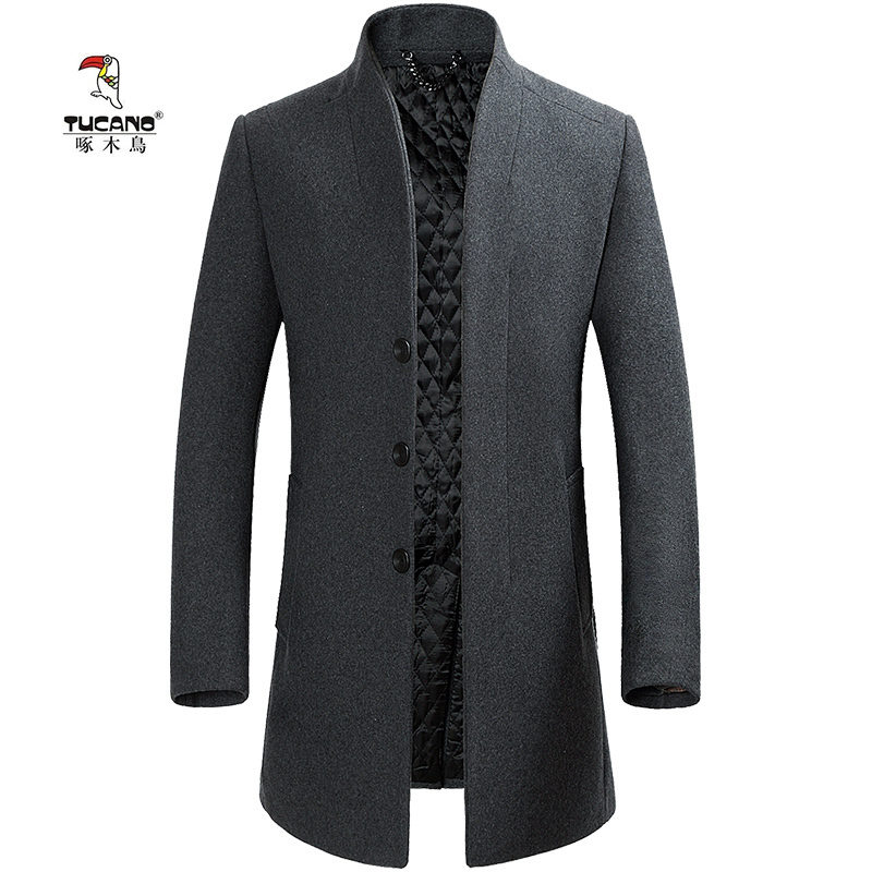 Woodpecker Brand Men's Slim-Fit Cashmere Coat for Winter, Padded and Thickened, Middle-Aged Men's Clothing, Stand-Up Collar, Mid-Length Woolen Overcoat Woodpecker Brand Men's Slim-Fit Cashmere Coat for Winter, Padded and Thickened, Middle-Aged Men's Clothing, Stand-Up Collar, Mid-Length Woolen Overcoat