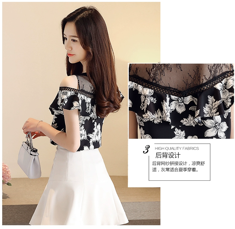 9219 # thực shot 2019 hè nữ siêu ngọt ngào lệch vai ngọt ngào ngắn cổ tròn tay ren in áo voan - Áo sơ mi chiffon ren