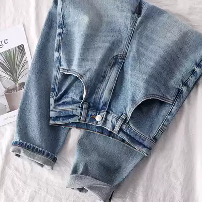 Heavy industry washed blue thin dad pants version classic women's high waist cotton denim trousers 69170