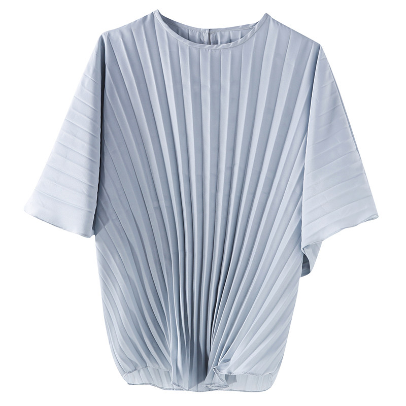 Small Crowddesign 100 Pleats Bat Cuff Dyeing Haze Blue Loose Woman Round Collar Short Sleeve Blouse Blouse 67562