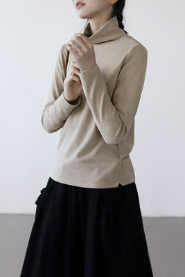 XIQUE2023 Autumn/Winter German fleece knitted cotton blend apricot green pullover high-neck long-sleeved T-shirt base layer