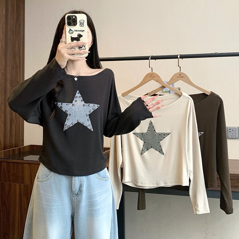 Xiaoji's Plus Size Women's Clothing Autumn New Style Studded Star Print Off-Shoulder American Retro Long Sleeve T-Shirt for Women