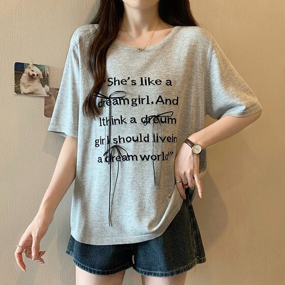 小吉家大码女装夏装新款胖mm提花蝴蝶结圆领正肩上衣宽松短袖T恤