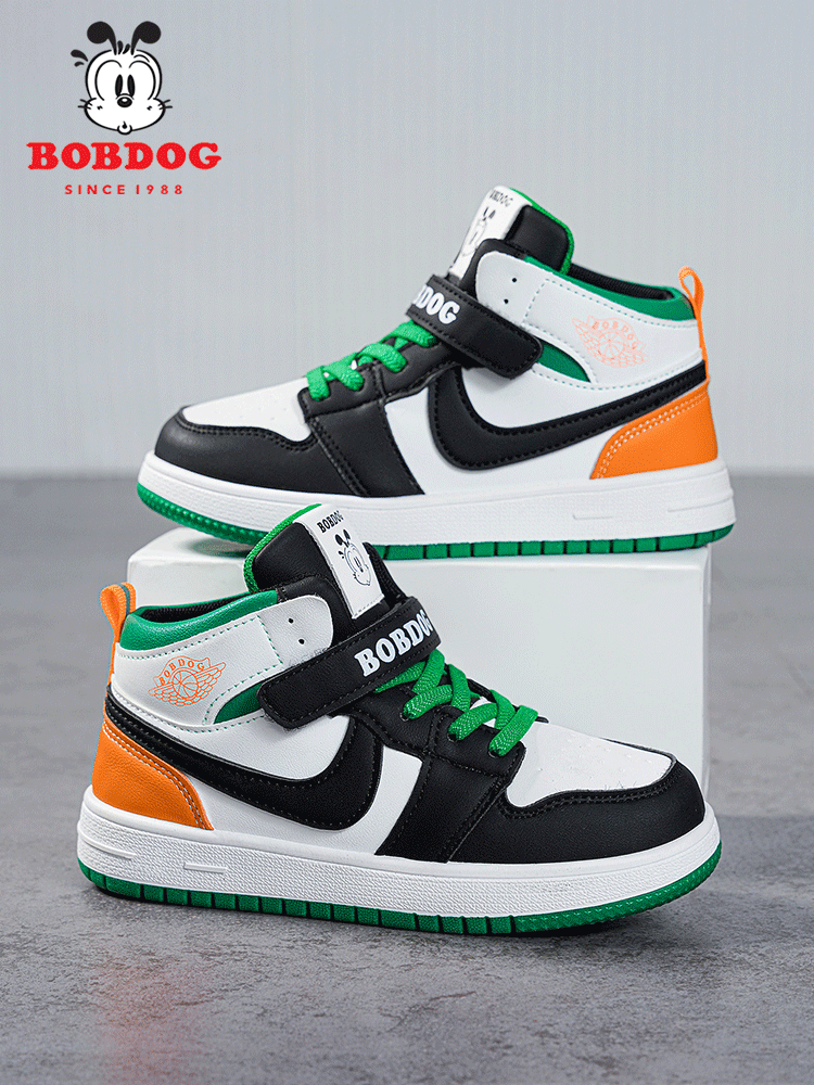 Babudou Boys' Shoes, New Autumn and Winter Models, Fleece-Lined, Warm, Double-Layered Leather High-Top Sneakers, Large Cotton Children's Sports Shoes
