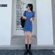 JOEYJOY 2021 summer new round neck front and middle letters embroidered pit strip short-sleeved knitted slim A-line dress