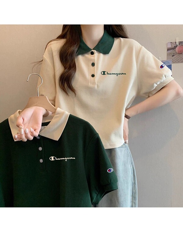 Authentic Champion T-Shirt for Women, Polo Shirt, Short-Sleeved, Summer, Pure Cotton, Petite, Turn-Down Collar, Short Style, Niche Top, Half-Sleeve