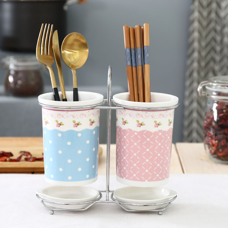 Ceramic kitchen Home mildew-proof Leachate Chopsticks Shelf Creativity Twin-cylinder Multifunction Chopstick Cylinder Fork Spoon Containing Cage