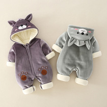 Newborn Clothing Winter Clothing Plus Suede Thickened Male Baby Conjoined Jacket Cute Baby Khau Winter Cotton Clothing