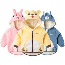 Baby autumn and winter clothes shake grain suede jacket male and female child baby Even cap sweatshirt toddler jacket zipper warm out to suit