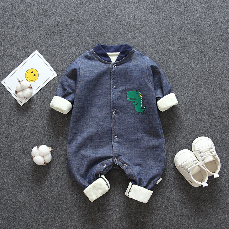 Newborn baby denim jumpsuit autumn and winter quilted romper men and women super-ocean style children's clothing thickened warm cotton clothes