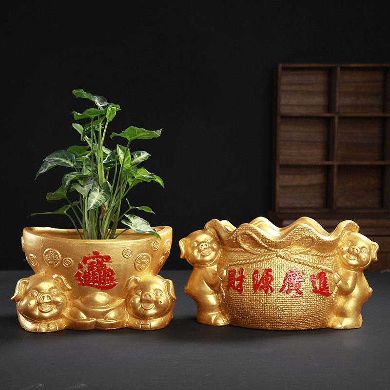 花盆陶瓷大号金色小猪招财进宝桌面室内简约创意发财树灵芝多肉盆