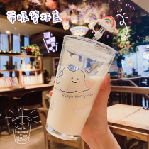ins cute adolescent girl transparent glass cup straw cup adult drink water cup Korean version student milk breakfast cup with lid
