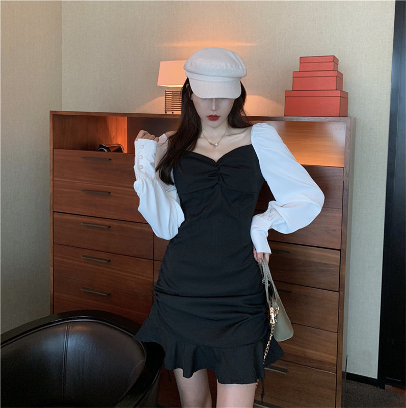 VK旗艦店 韓國風V領撞色桔梗魚尾拼接長袖洋裝