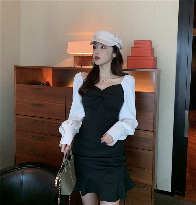 VK旗艦店 韓國風V領撞色桔梗魚尾拼接長袖洋裝