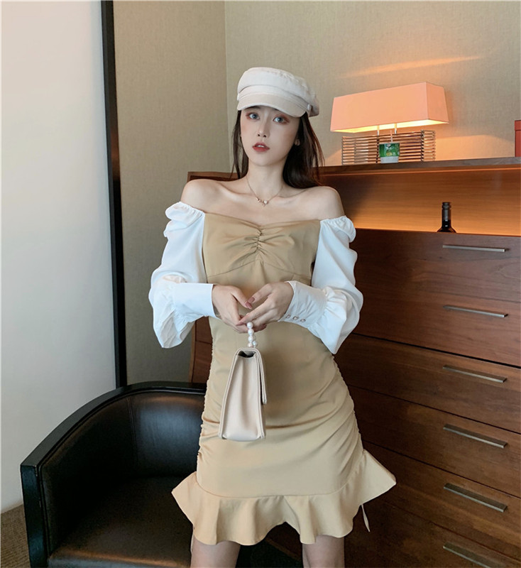 VK旗艦店 韓國風V領撞色桔梗魚尾拼接長袖洋裝