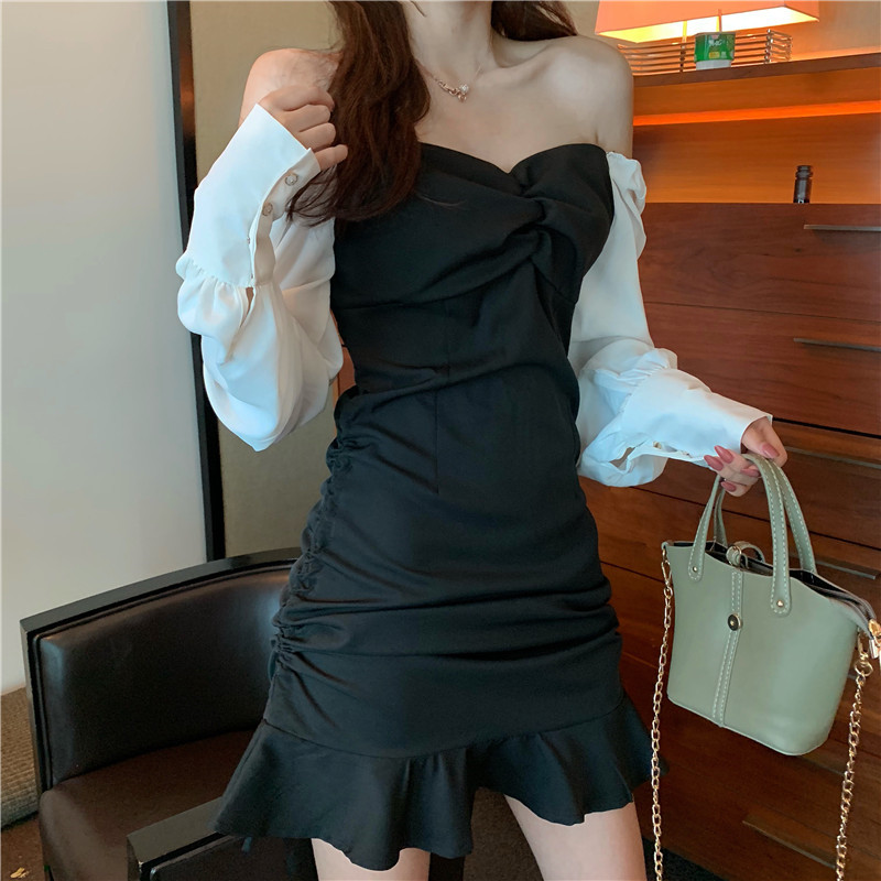 VK旗艦店 韓國風V領撞色桔梗魚尾拼接長袖洋裝